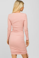 Pink Ribbed Long Sleeve Ruched Dress