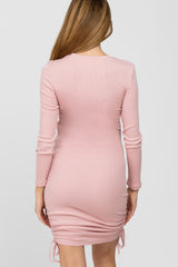 Pink Ribbed Long Sleeve Ruched Maternity Dress