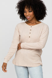 Beige Ribbed Henley Long Sleeve Top