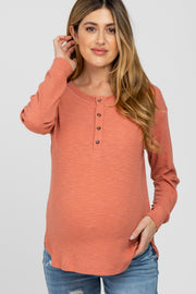 Light Rust Ribbed Henley Maternity Long Sleeve Top