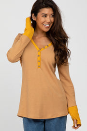 Yellow Waffle Knit Button Front Colorblock Top