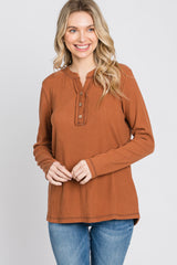 Rust Ribbed Top Stitch Long Sleeve Top