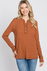 Rust Ribbed Top Stitch Long Sleeve Top