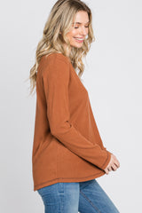 Rust Ribbed Top Stitch Long Sleeve Top