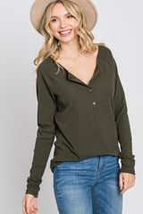 Olive Ribbed Button Front Top