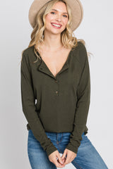 Olive Ribbed Button Front Top