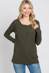 Olive Ribbed Button Front Top