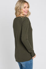 Olive Ribbed Button Front Top