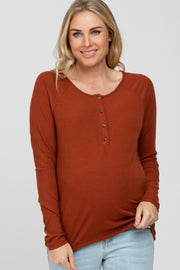 Rust Ribbed Button Front Maternity Top