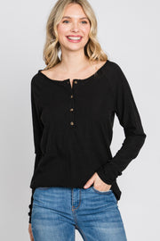 Black Ribbed Button Front Top