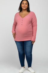 Pink Ribbed Button Front Maternity Plus Top