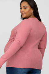 Pink Ribbed Button Front Maternity Plus Top