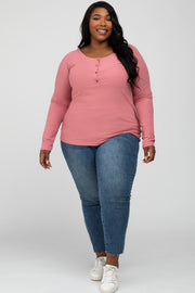 Pink Ribbed Button Front Plus Top