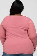 Pink Ribbed Button Front Plus Top