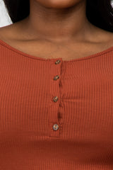 Rust Ribbed Button Front Plus Top