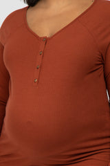 Rust Ribbed Button Front Maternity Plus Top