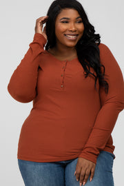 Rust Ribbed Button Front Plus Top