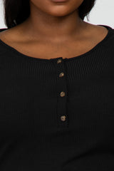 Black Ribbed Button Front Plus Top