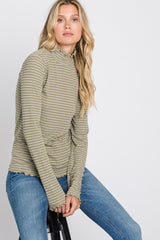 Olive Striped Mock Neck Lettuce Edge Top