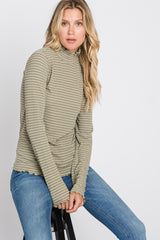 Olive Striped Mock Neck Lettuce Edge Top