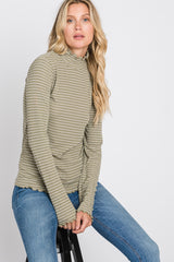 Olive Striped Mock Neck Lettuce Edge Top