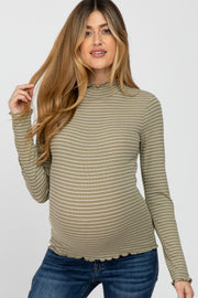 Olive Striped Mock Neck Lettuce Edge Maternity Top