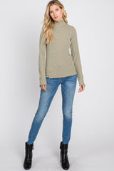 Olive Striped Mock Neck Lettuce Edge Top