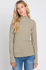 Olive Striped Mock Neck Lettuce Edge Top