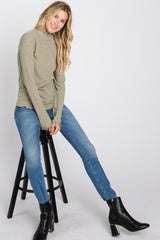 Olive Striped Mock Neck Lettuce Edge Top