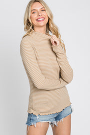 Beige Striped Mock Neck Lettuce Edge Top