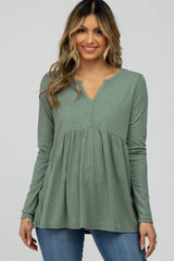 Olive Ribbed Long Sleeve Babydoll Top