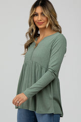 Olive Ribbed Long Sleeve Babydoll Top