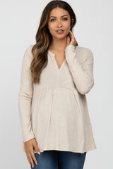 Beige Ribbed Long Sleeve Babydoll Maternity Top