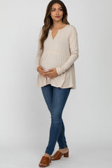 Beige Ribbed Long Sleeve Babydoll Maternity Top