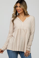 Beige Ribbed Long Sleeve Babydoll Top