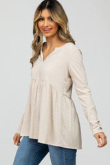 Beige Ribbed Long Sleeve Babydoll Top