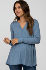 Blue Ribbed Long Sleeve Babydoll Maternity Top