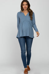 Blue Ribbed Long Sleeve Babydoll Maternity Top