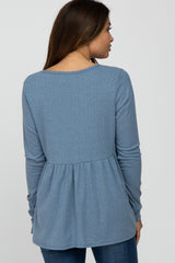 Blue Ribbed Long Sleeve Babydoll Maternity Top