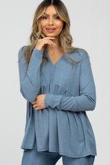 Blue Ribbed Long Sleeve Babydoll Maternity Top