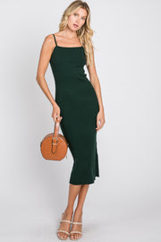 Forest Green Ribbed Square Neck Sleeveless Midi Dress