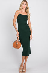 Forest Green Ribbed Square Neck Sleeveless Midi Dress