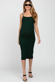 Forest Green Ribbed Square Neck Sleeveless Maternity Midi Dress