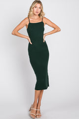 Forest Green Ribbed Square Neck Sleeveless Midi Dress