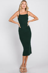 Forest Green Ribbed Square Neck Sleeveless Midi Dress