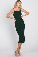 Forest Green Ribbed Square Neck Sleeveless Midi Dress