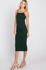 Forest Green Ribbed Square Neck Sleeveless Midi Dress