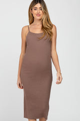 Mocha Ribbed Square Neck Sleeveless Maternity Midi Dress