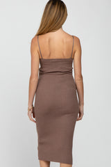 Mocha Ribbed Square Neck Sleeveless Maternity Midi Dress