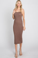 Mocha Ribbed Square Neck Sleeveless Maternity Midi Dress